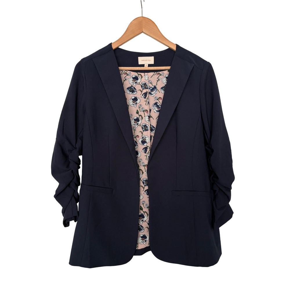 Skies Are Blue Womens Gorpcore Twee Navy Ruched 3/4 Sleeve Floral Lined Blazer
